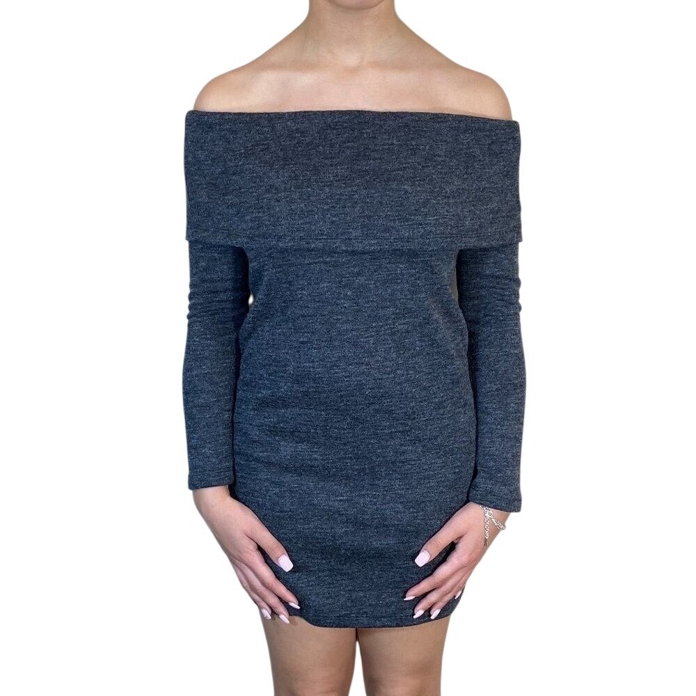 GB Charcoal‎ Grey Off The Shoulder Long Sleeve Knit Mini Dress NWT Size S